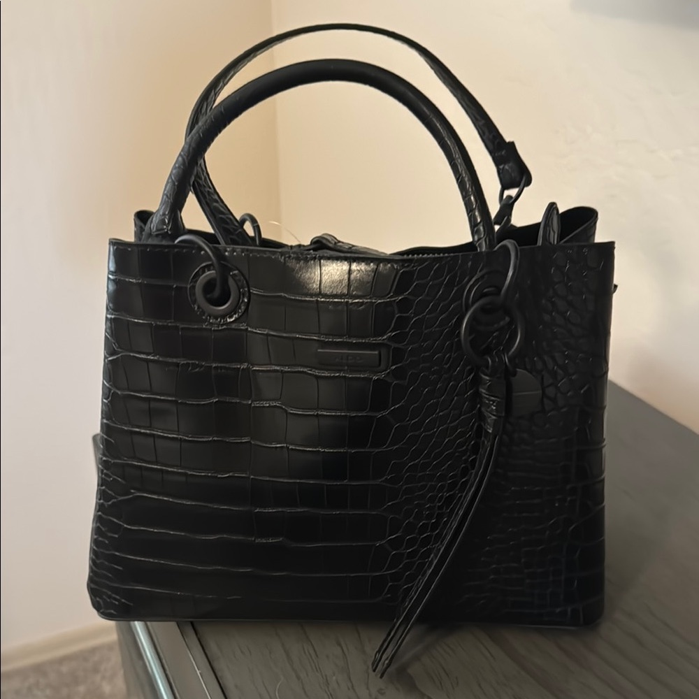 Aldo Black Satchel with Glossy Finish and Ribbed Texture